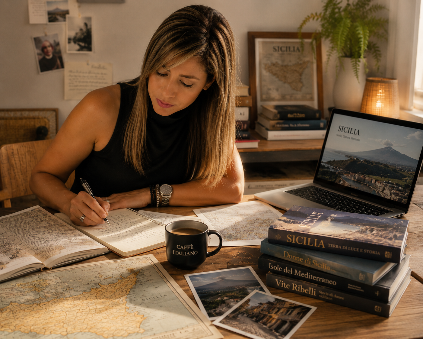 Yfigenia Moreno Aponte escribiendo en su cuaderno de viaje, rodeada de mapas, libros y notas de investigación